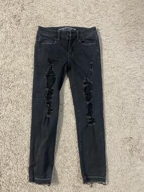 American Eagle Jeans Womens 0 Black Super Stretch Skinny Distressed Denim X